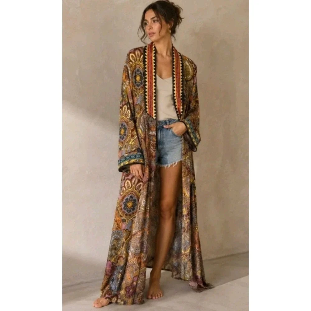Johnny Was M Sandalwood Tove Kimono Duster 100% Silk Embroidery Pockets $435